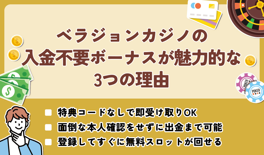ベラジョンカジノの入金不要ボーナスが魅力的な3つの理由