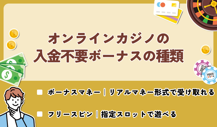 オンラインカジノの入金不要ボーナスの種類